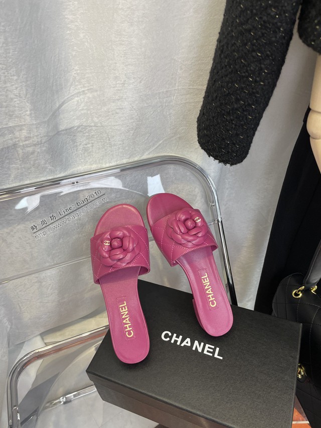Chanel香奈兒2022春夏系列頂級版本山茶花羊皮涼拖鞋 dx2812